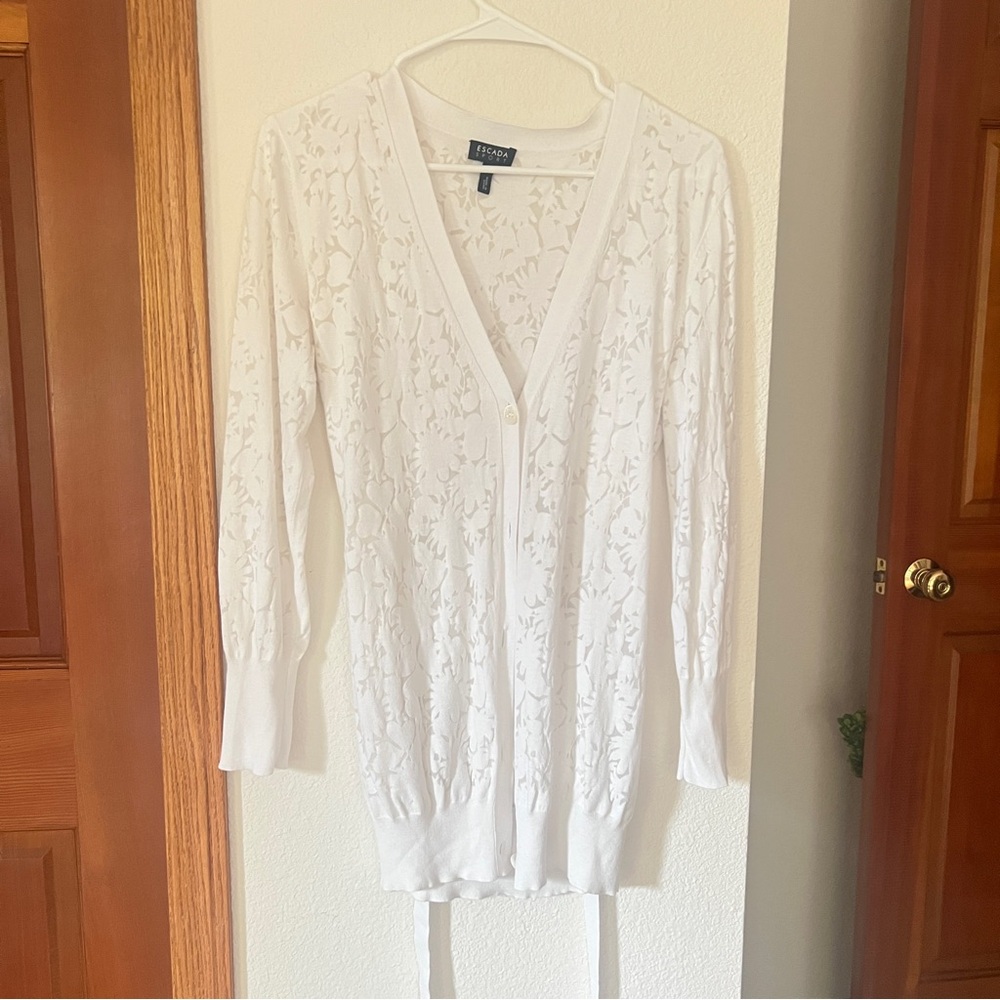 Escada Sport White Floral Lace Knit Cardigan Belted Long Sleeve Women’s L